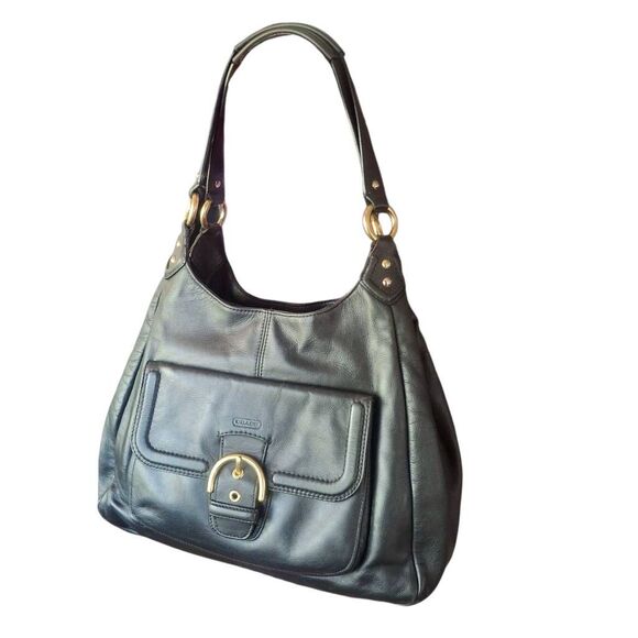 Coach Campbell Black Leather Shoulder Bag w/ Dust Bag – Triple Compartment – Gol - Picture 2 of 13